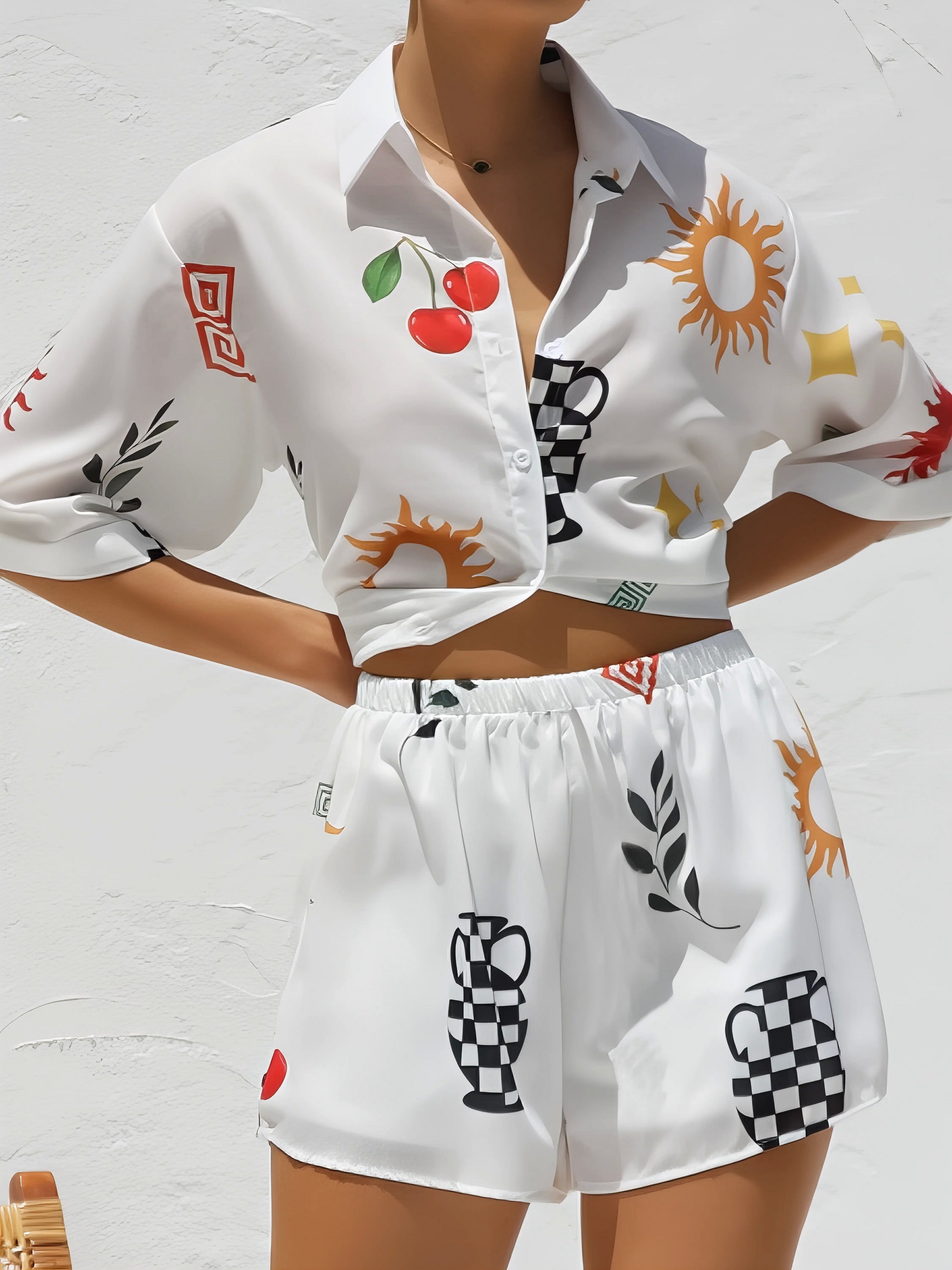 printed button up top and shorts set, easy style women's two-piece outfit, effortlessly chic summer fashion, comfortable printed set, casual versatile ensemble, perfect for everyday wear