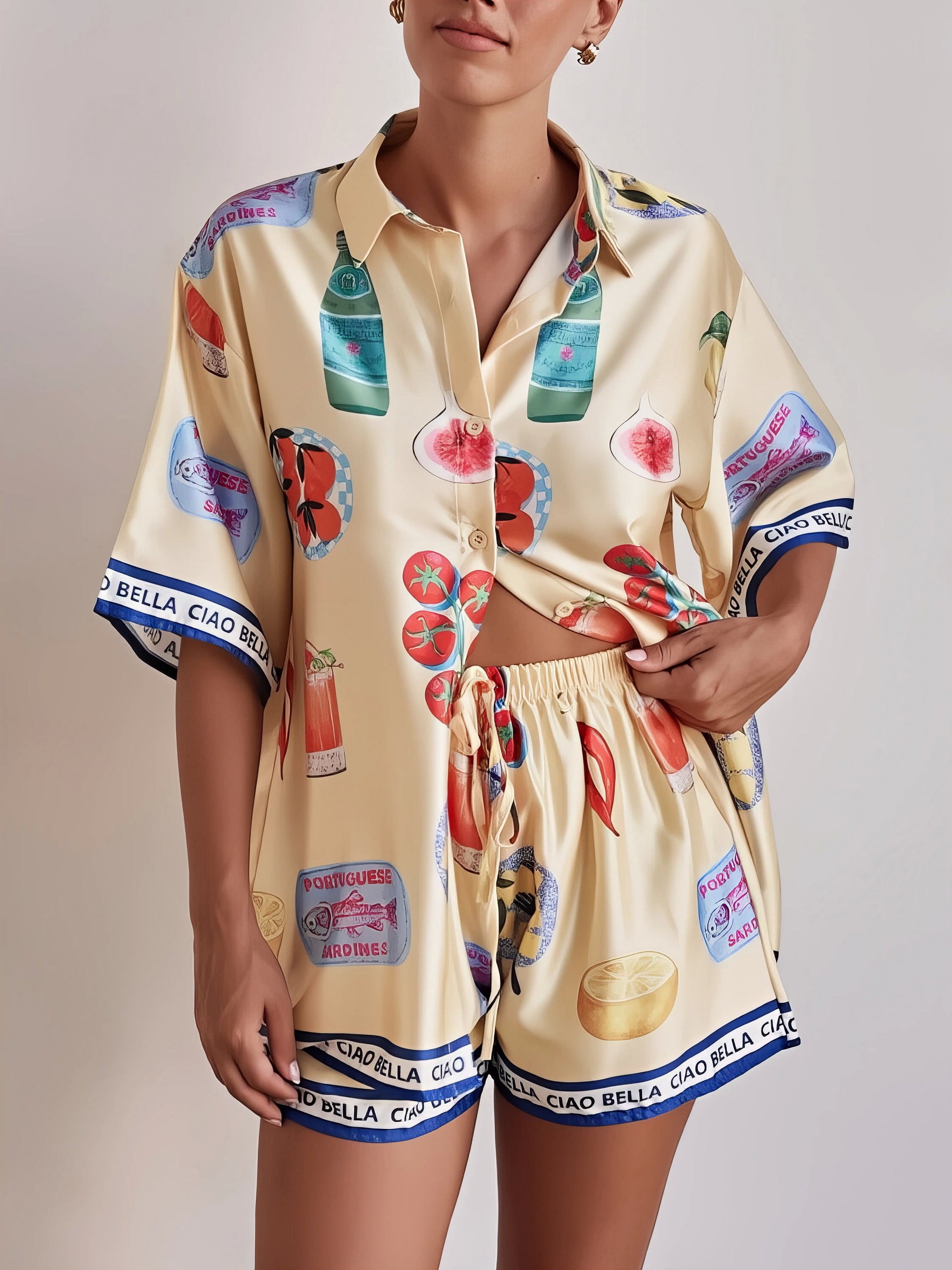 Printed button up top and shorts set, women's casual two-piece outfit, comfortable polyester set, buttoned top, drawstring shorts, non-stretch fabric, ideal for relaxed everyday wear