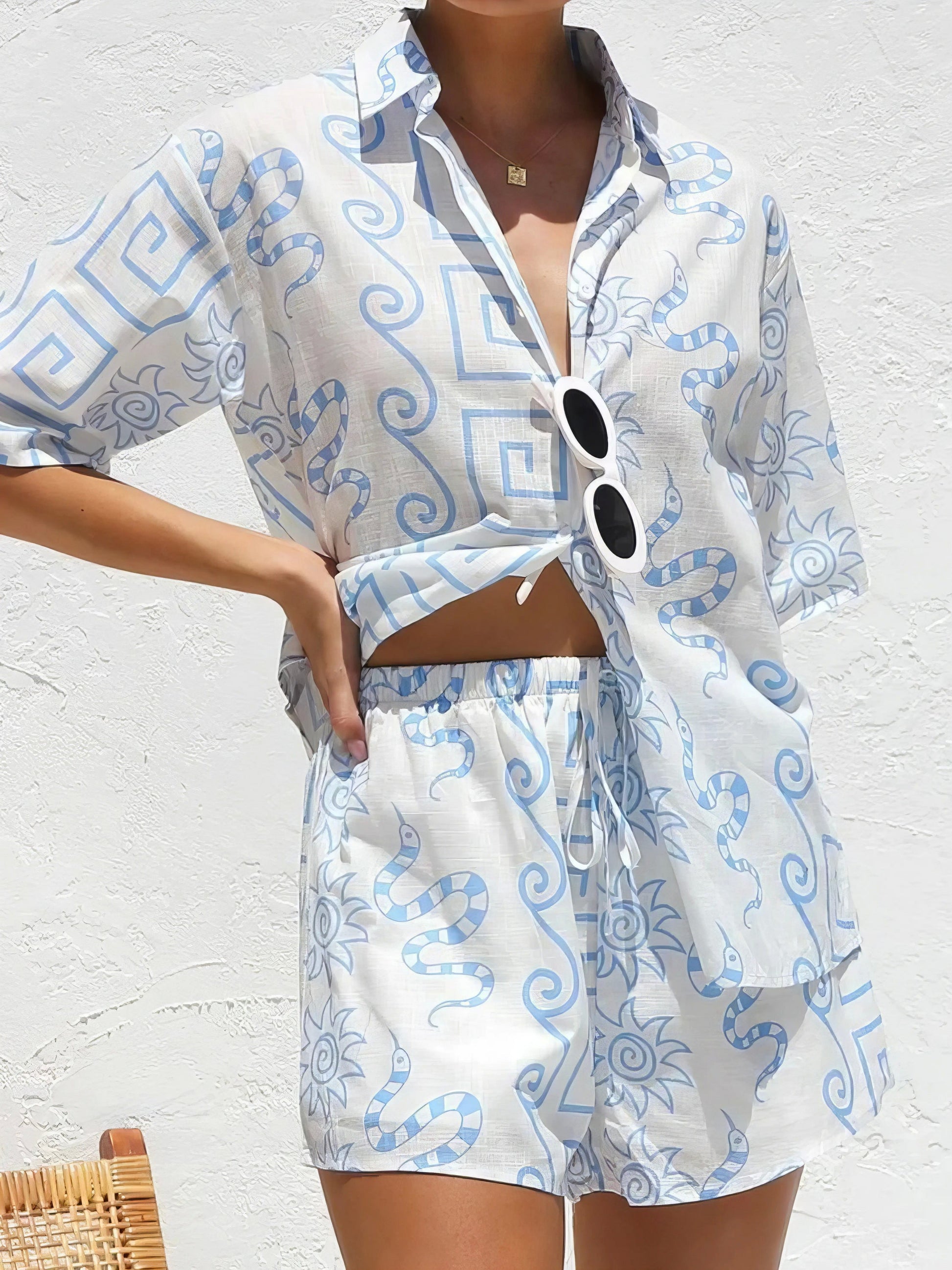 printed button up top and shorts set, easy style women's two-piece outfit, effortlessly chic summer fashion, comfortable printed set, casual versatile ensemble, perfect for everyday wear