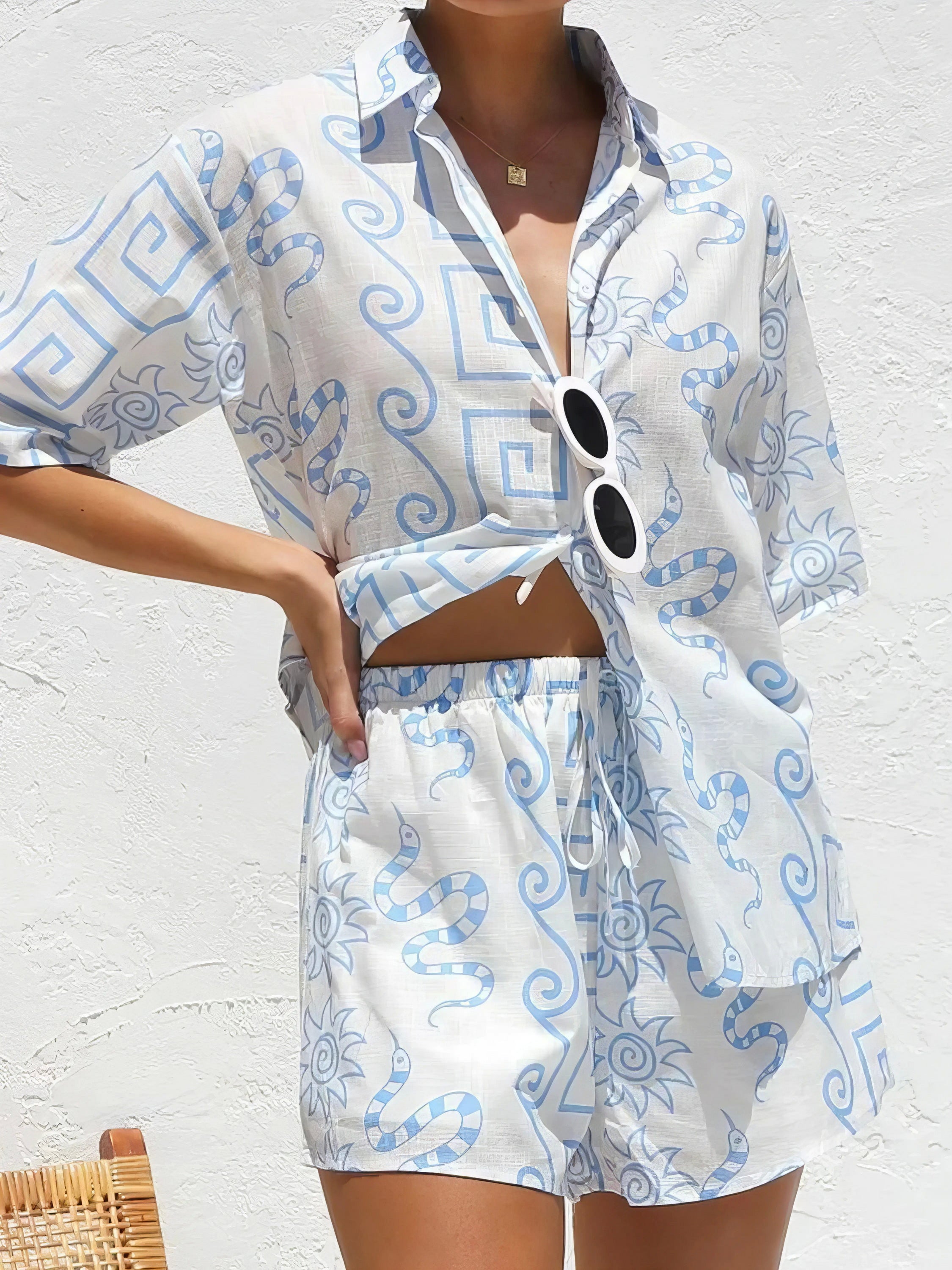 printed button up top and shorts set, easy style women's two-piece outfit, effortlessly chic summer fashion, comfortable printed set, casual versatile ensemble, perfect for everyday wear
