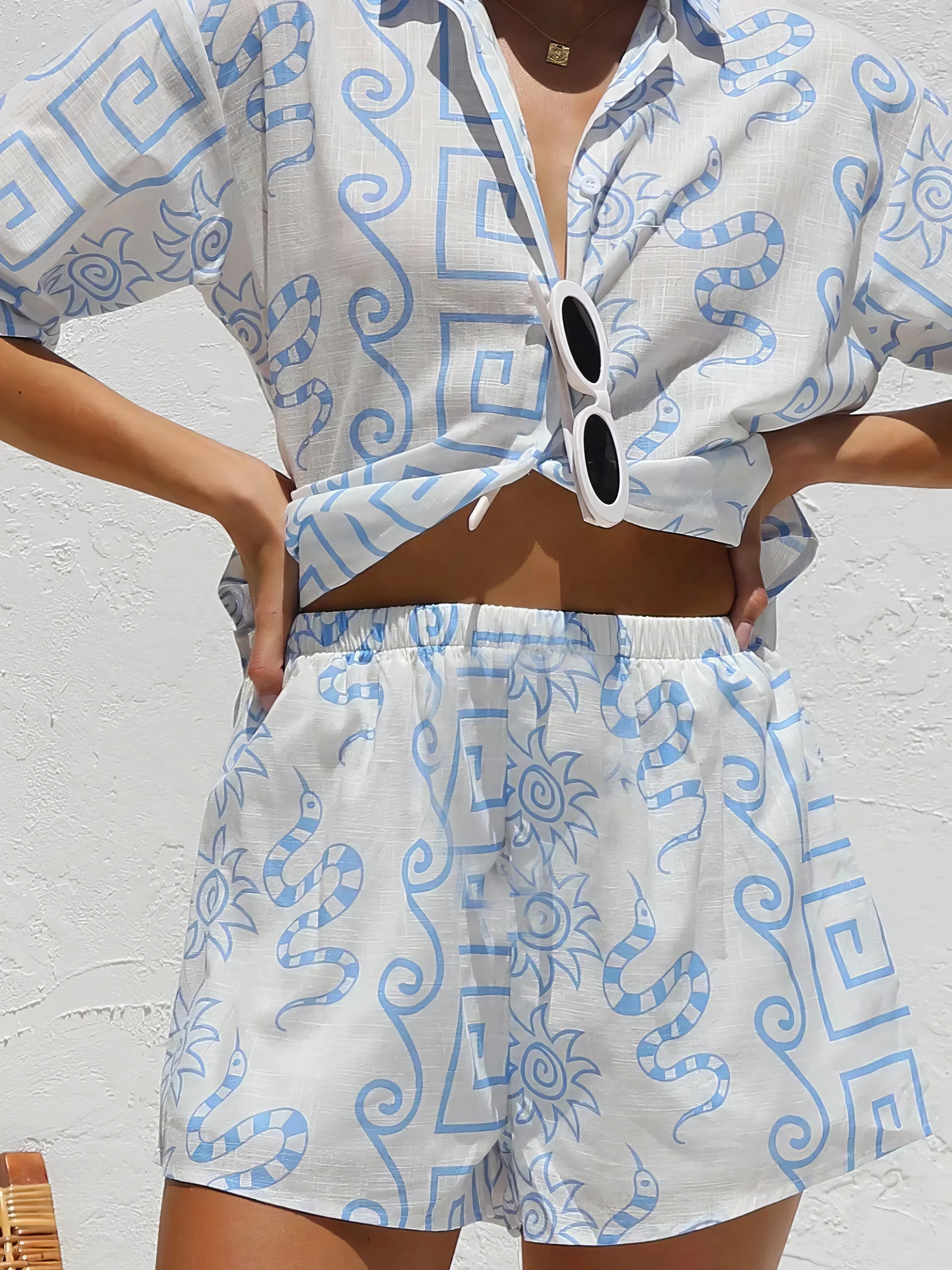 printed button up top and shorts set, easy style women's two-piece outfit, effortlessly chic summer fashion, comfortable printed set, casual versatile ensemble, perfect for everyday wear