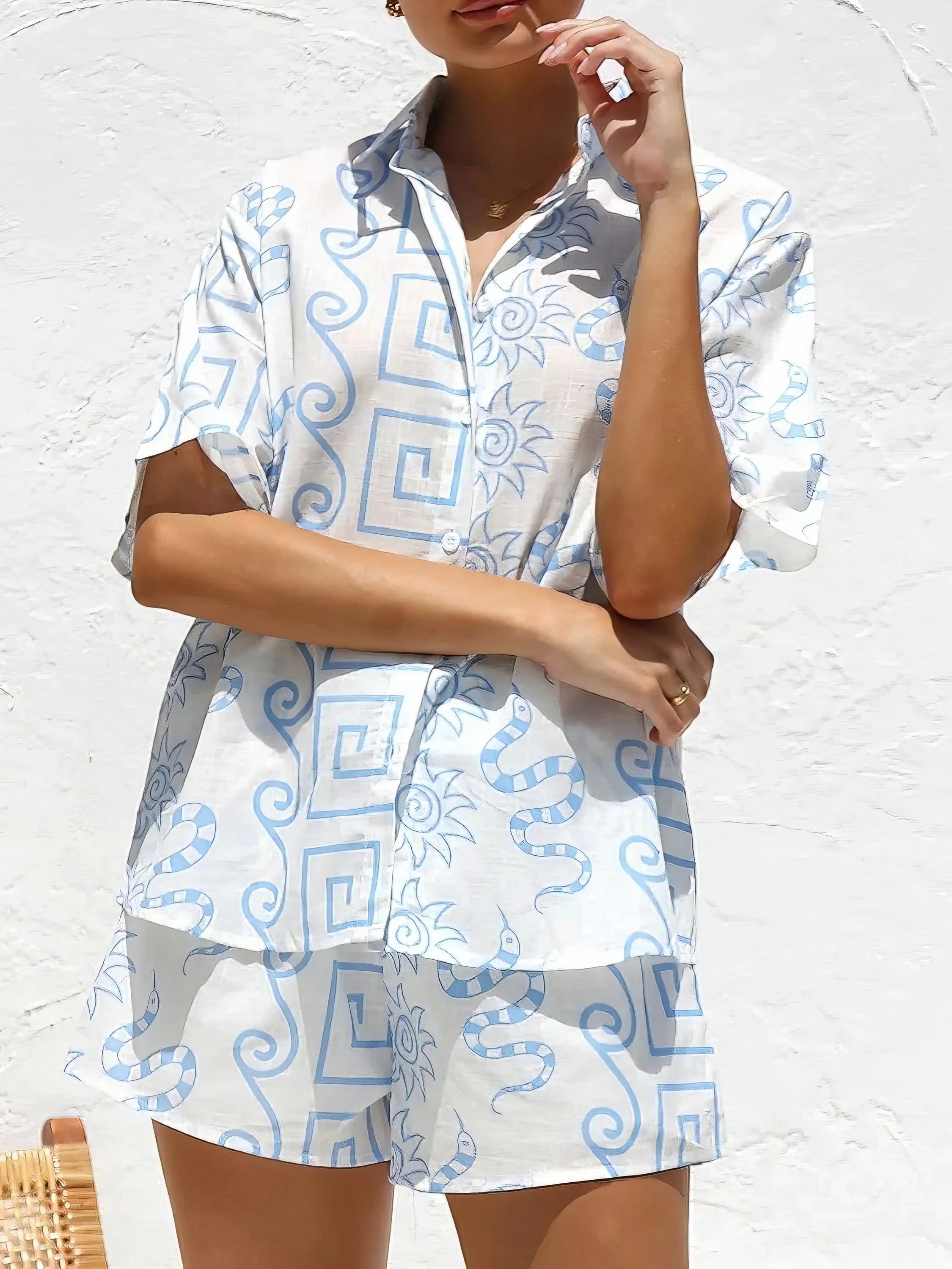 printed button up top and shorts set, easy style women's two-piece outfit, effortlessly chic summer fashion, comfortable printed set, casual versatile ensemble, perfect for everyday wear