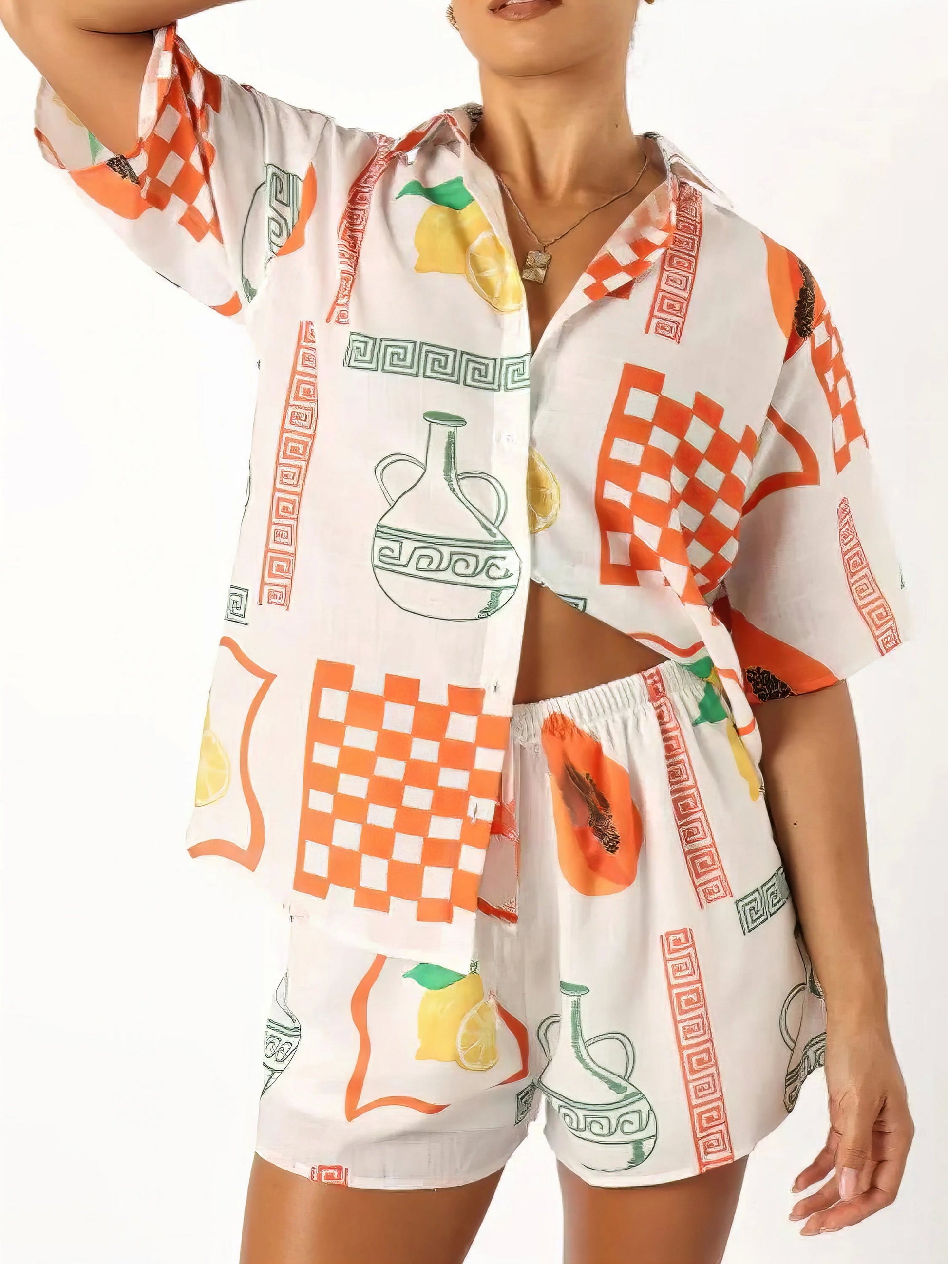 printed button up top and shorts set, easy style women's two-piece outfit, effortlessly chic summer fashion, comfortable printed set, casual versatile ensemble, perfect for everyday wear