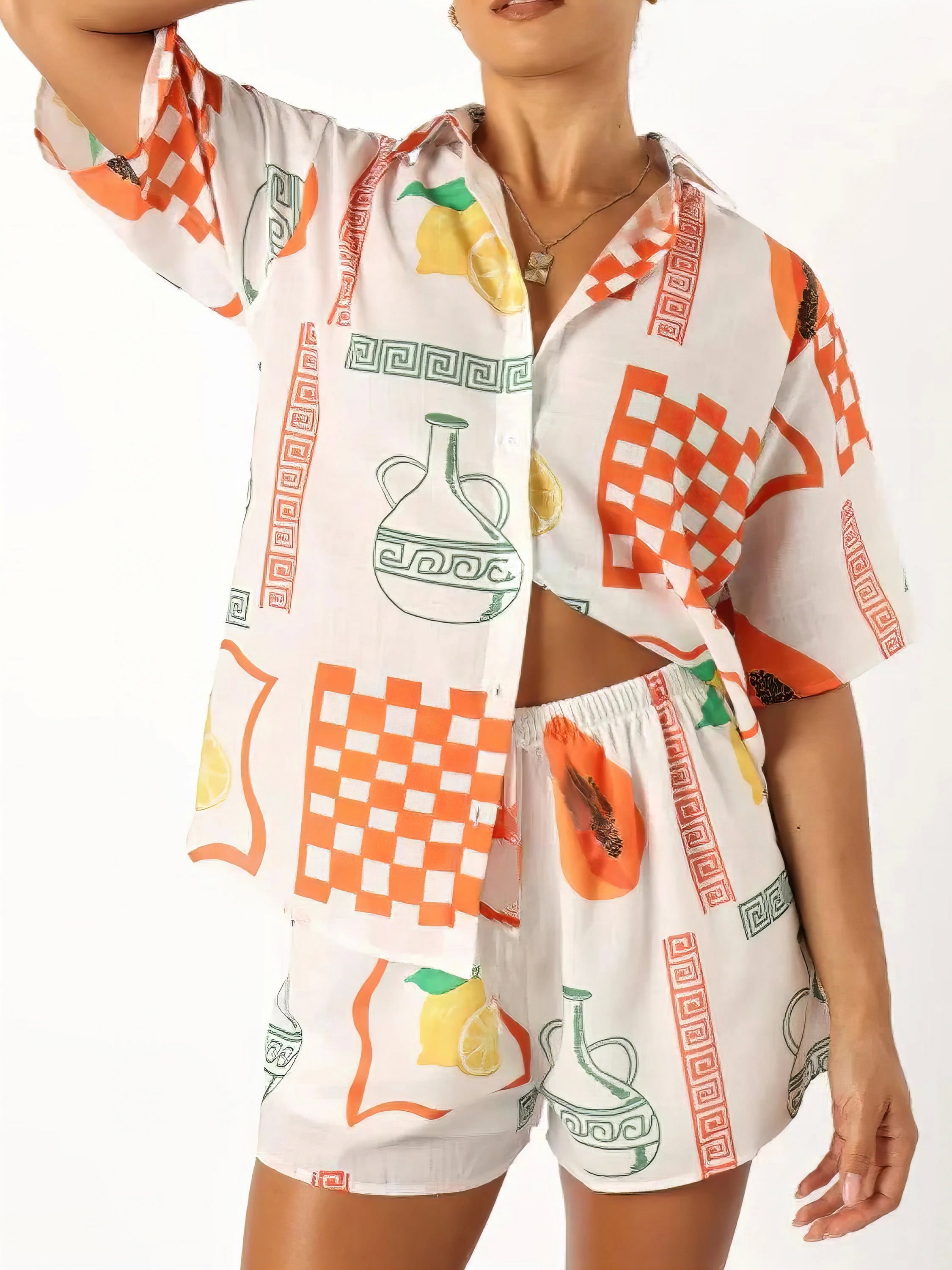 printed button up top and shorts set, easy style women's two-piece outfit, effortlessly chic summer fashion, comfortable printed set, casual versatile ensemble, perfect for everyday wear