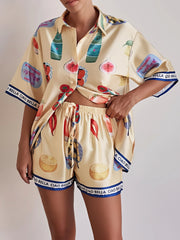Printed button up top and shorts set, women's casual two-piece outfit, comfortable polyester set, buttoned top, drawstring shorts, non-stretch fabric, ideal for relaxed everyday wear