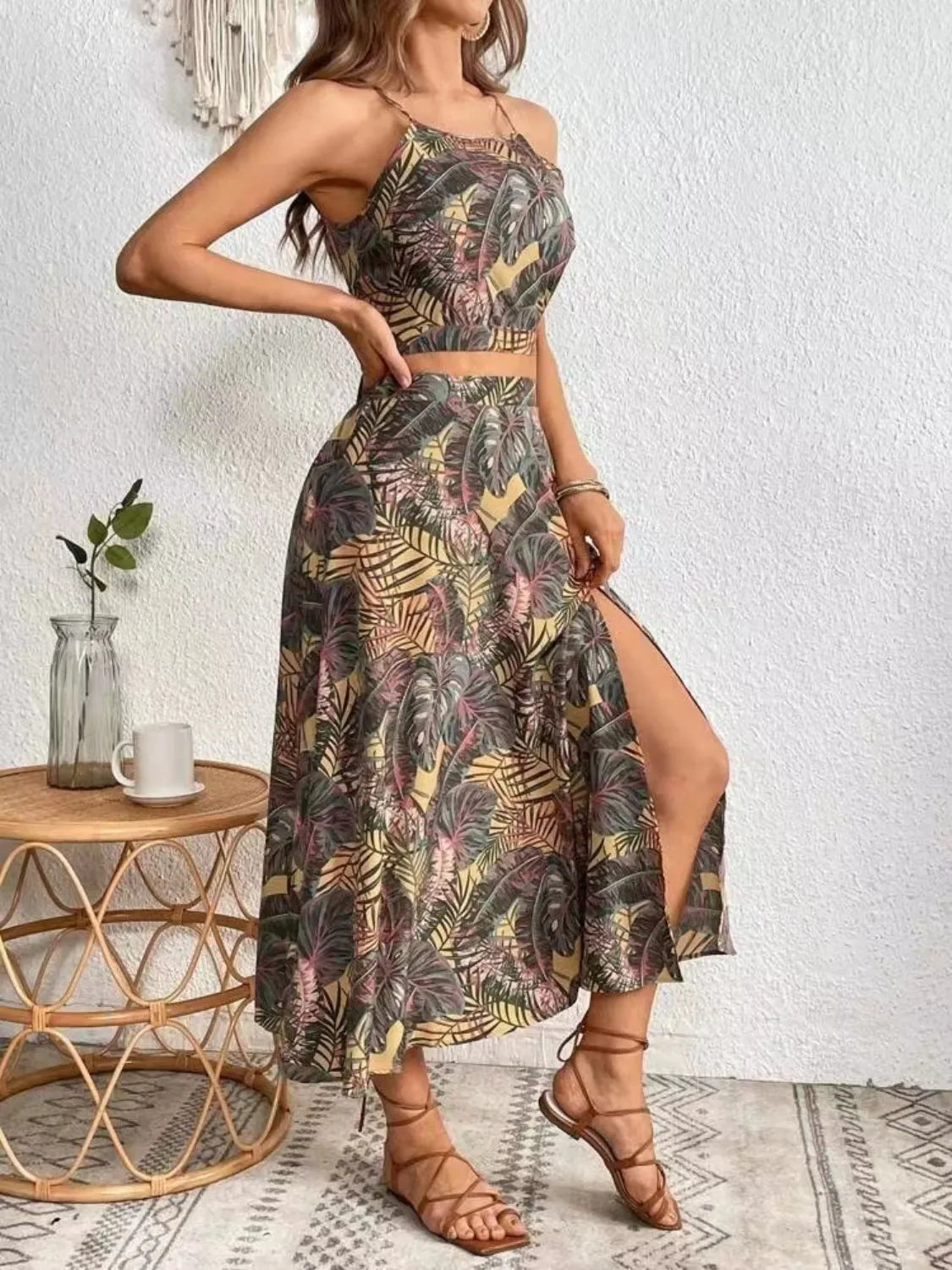 Printed Cami and Slit Skirt Set.