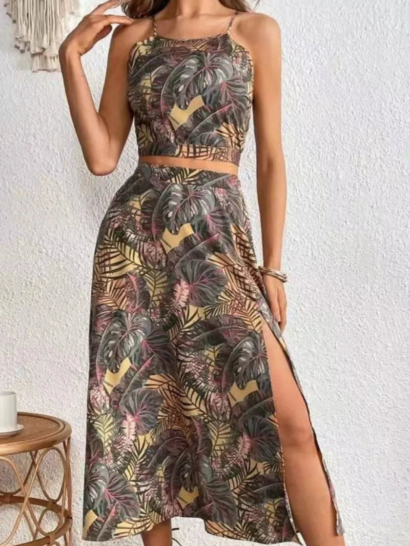 Printed Cami and Slit Skirt Set.