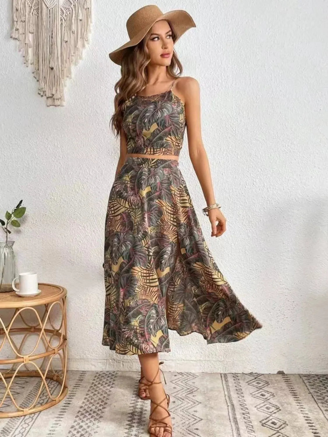 Printed Cami and Slit Skirt Set.