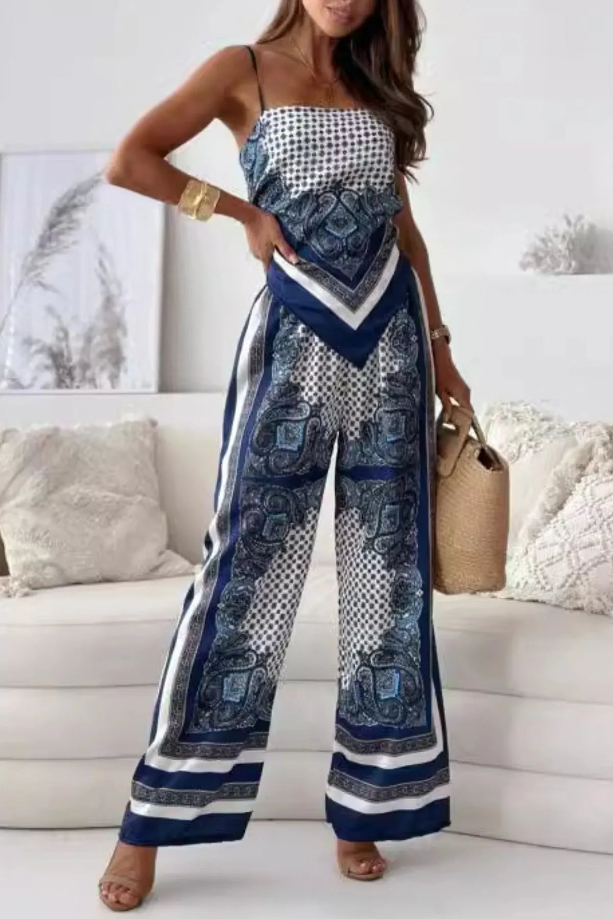 Printed Cami and Wide Leg Pants Set.