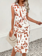 Printed Cap Sleeve Tie Waist Dress.