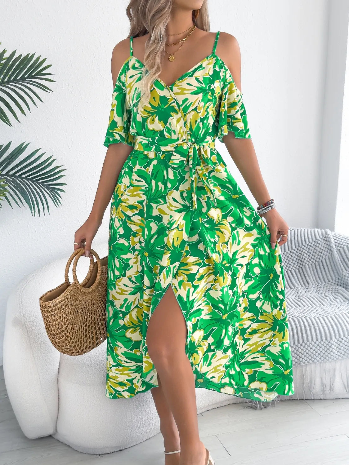 Printed Cold Shoulder Midi Cami Dress.
