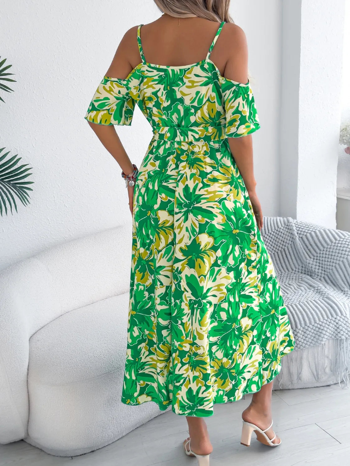 Printed Cold Shoulder Midi Cami Dress.