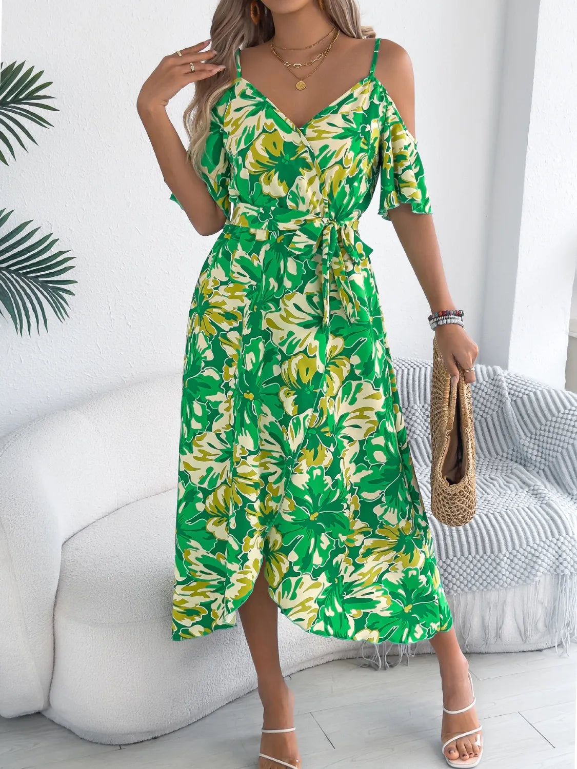 Printed Cold Shoulder Midi Cami Dress.