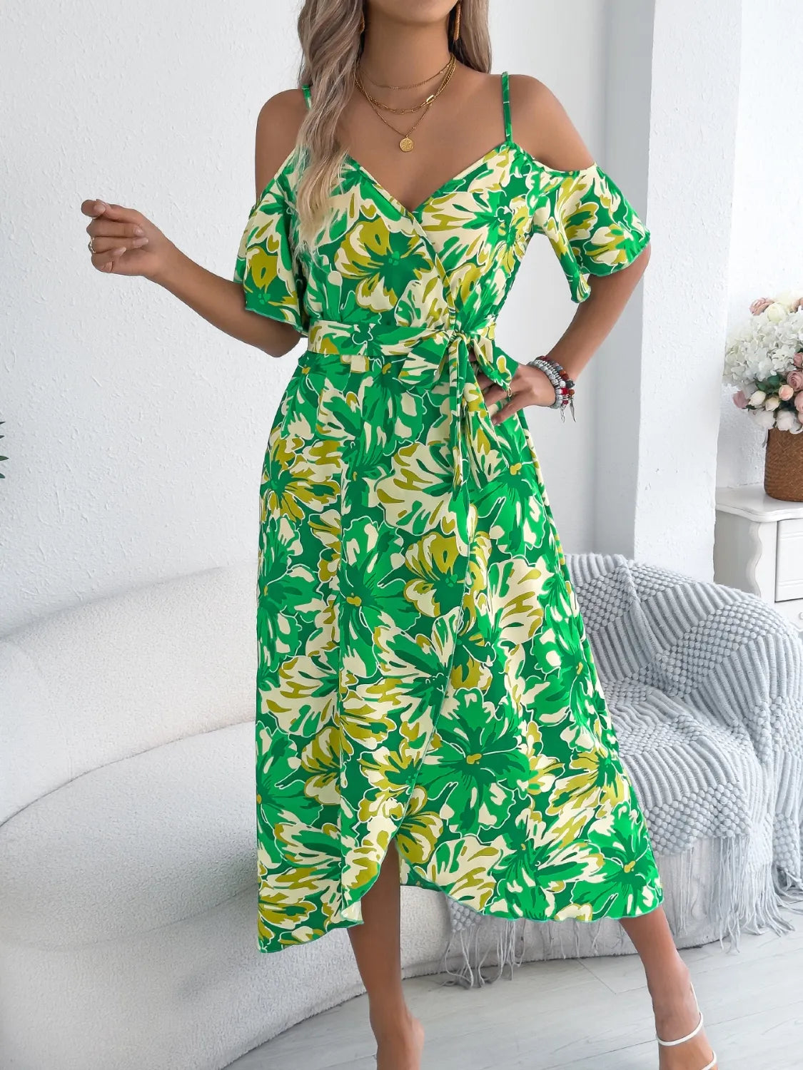 Printed Cold Shoulder Midi Cami Dress.