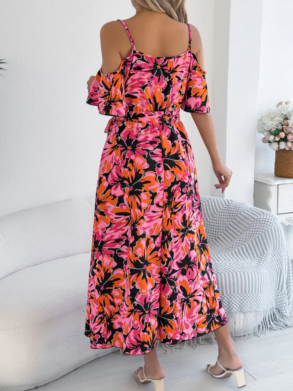 Printed Cold Shoulder Midi Cami Dress.