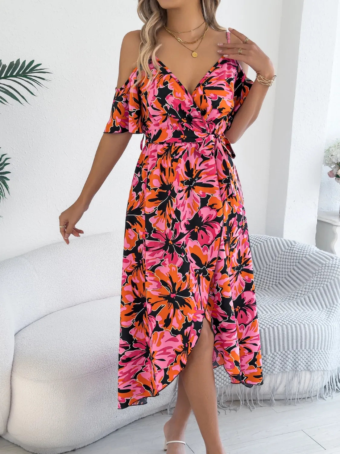 Printed Cold Shoulder Midi Cami Dress.