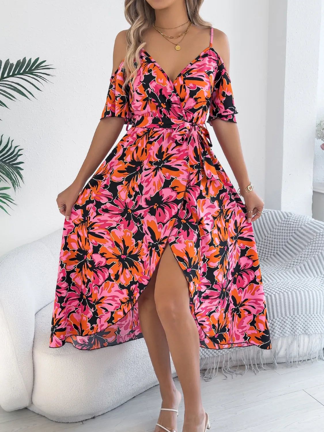 Printed Cold Shoulder Midi Cami Dress.