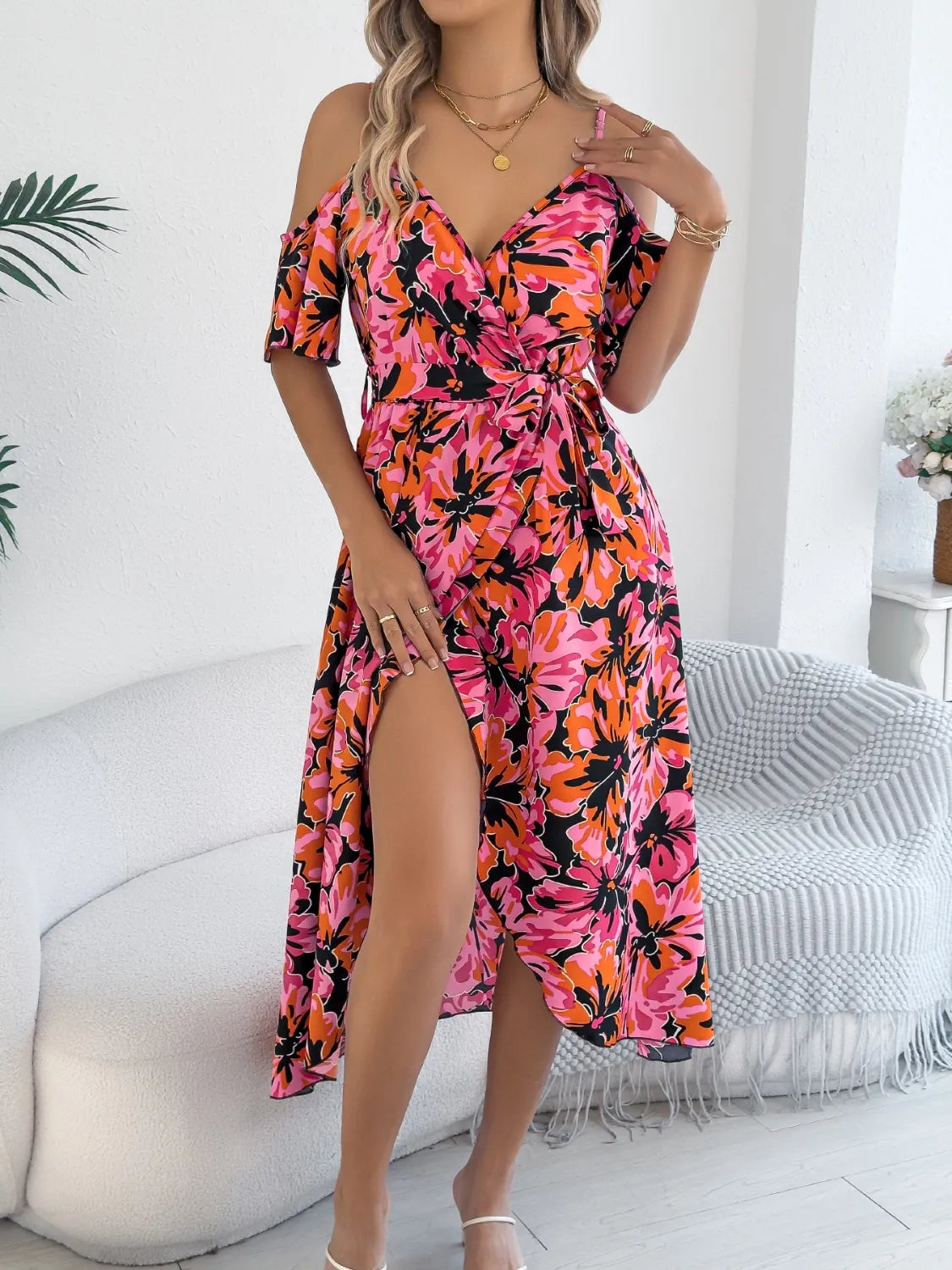 Printed Cold Shoulder Midi Cami Dress.