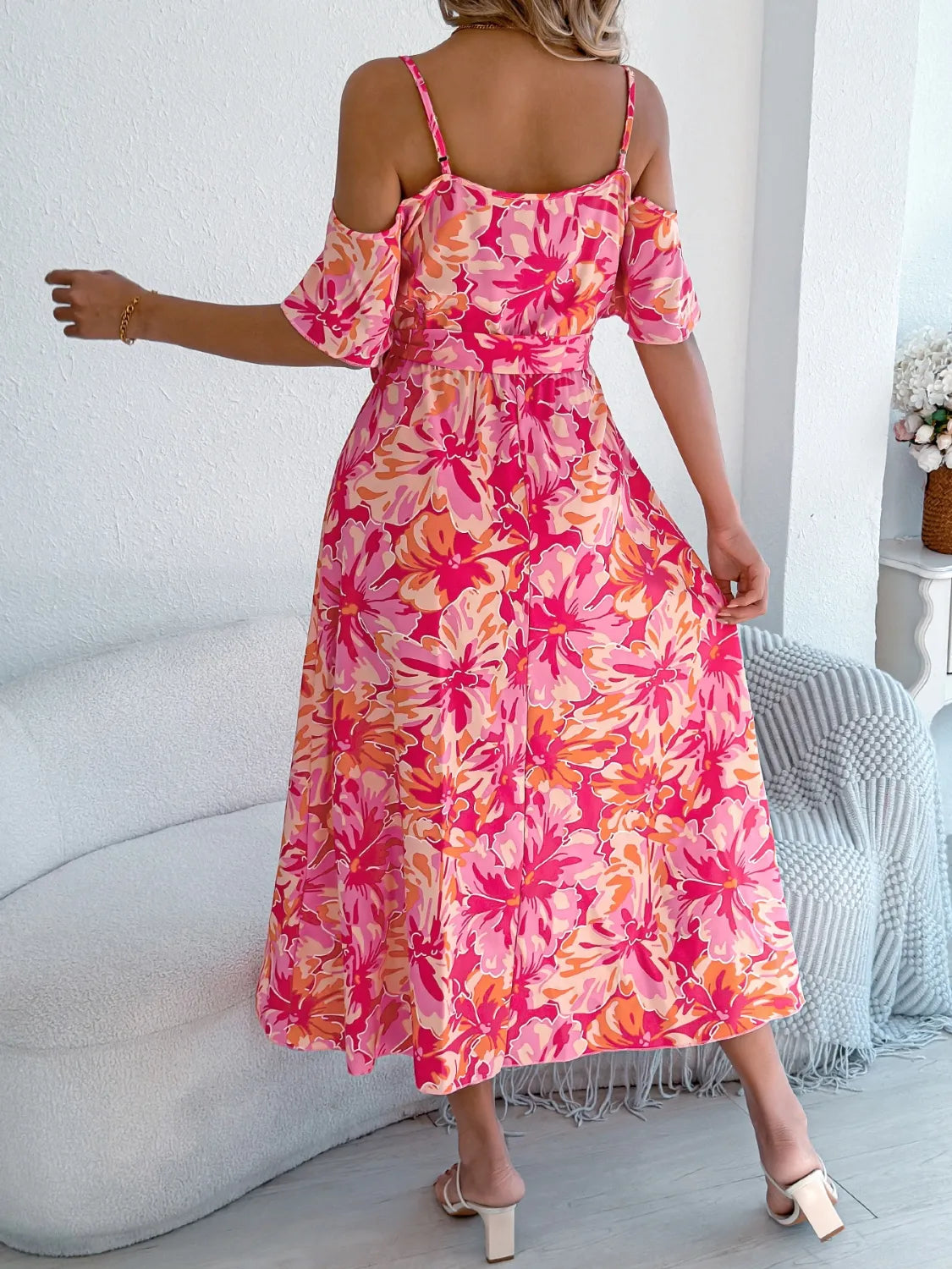 Printed Cold Shoulder Midi Cami Dress.