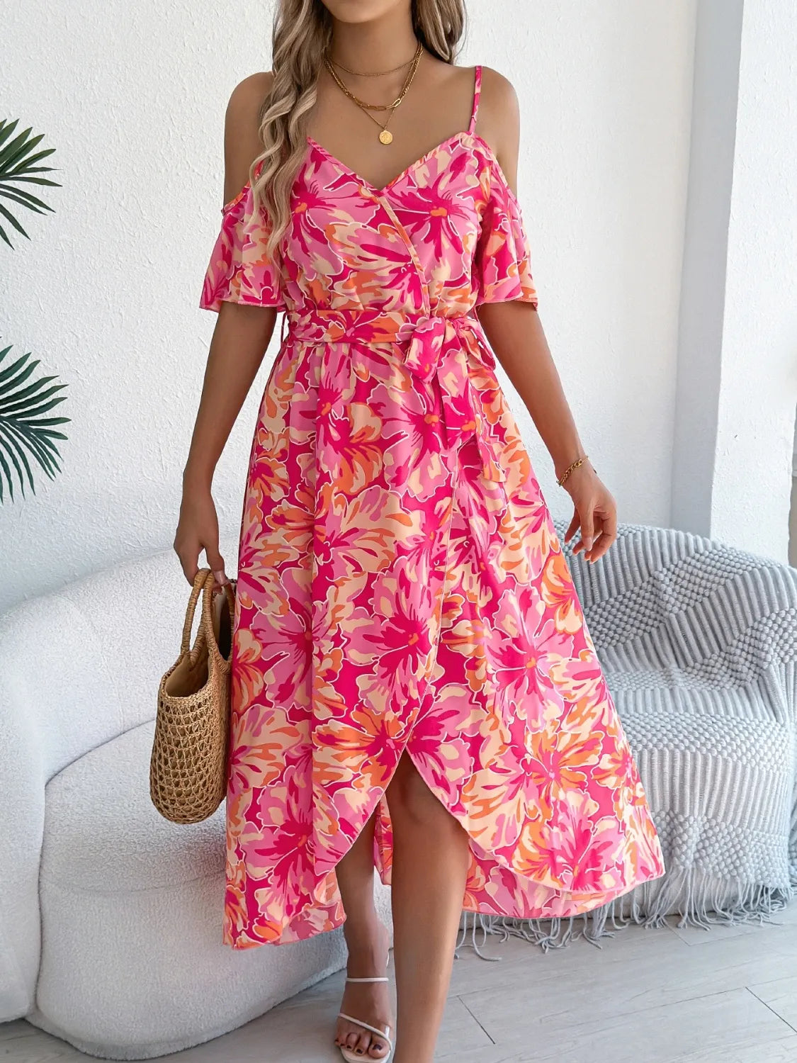 Printed Cold Shoulder Midi Cami Dress.