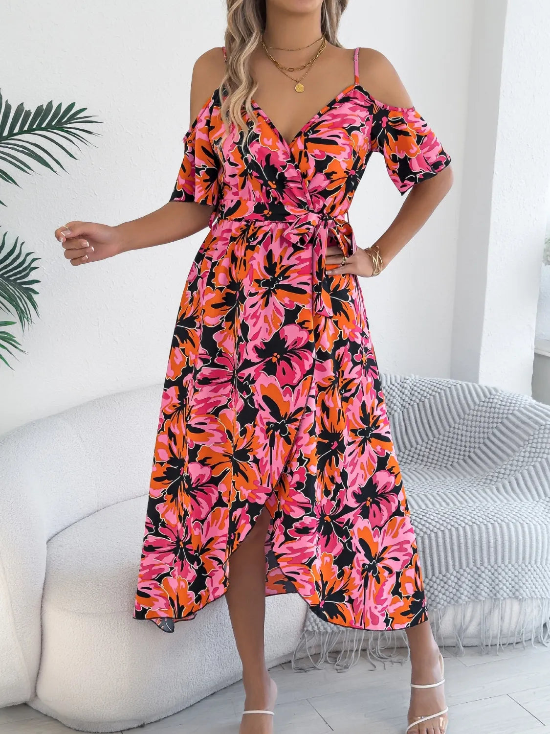 Printed Cold Shoulder Midi Cami Dress.