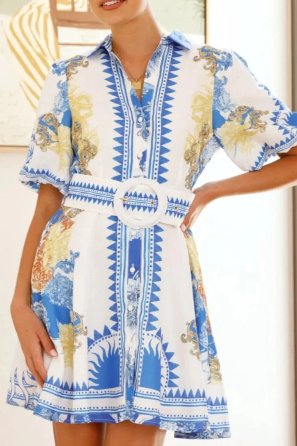 Printed Collared Neck Half Sleeve Dress.
