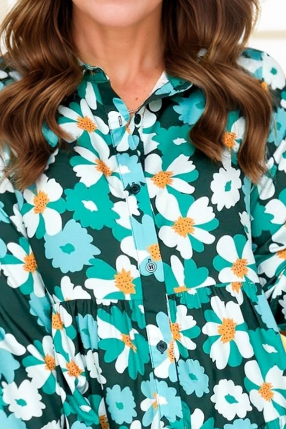 Printed Collared Neck Lantern Sleeve Mini Dress.