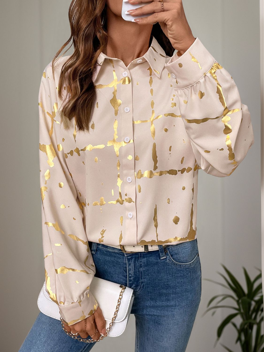 Perfee Printed Collared Neck Long Sleeve Shirt.
