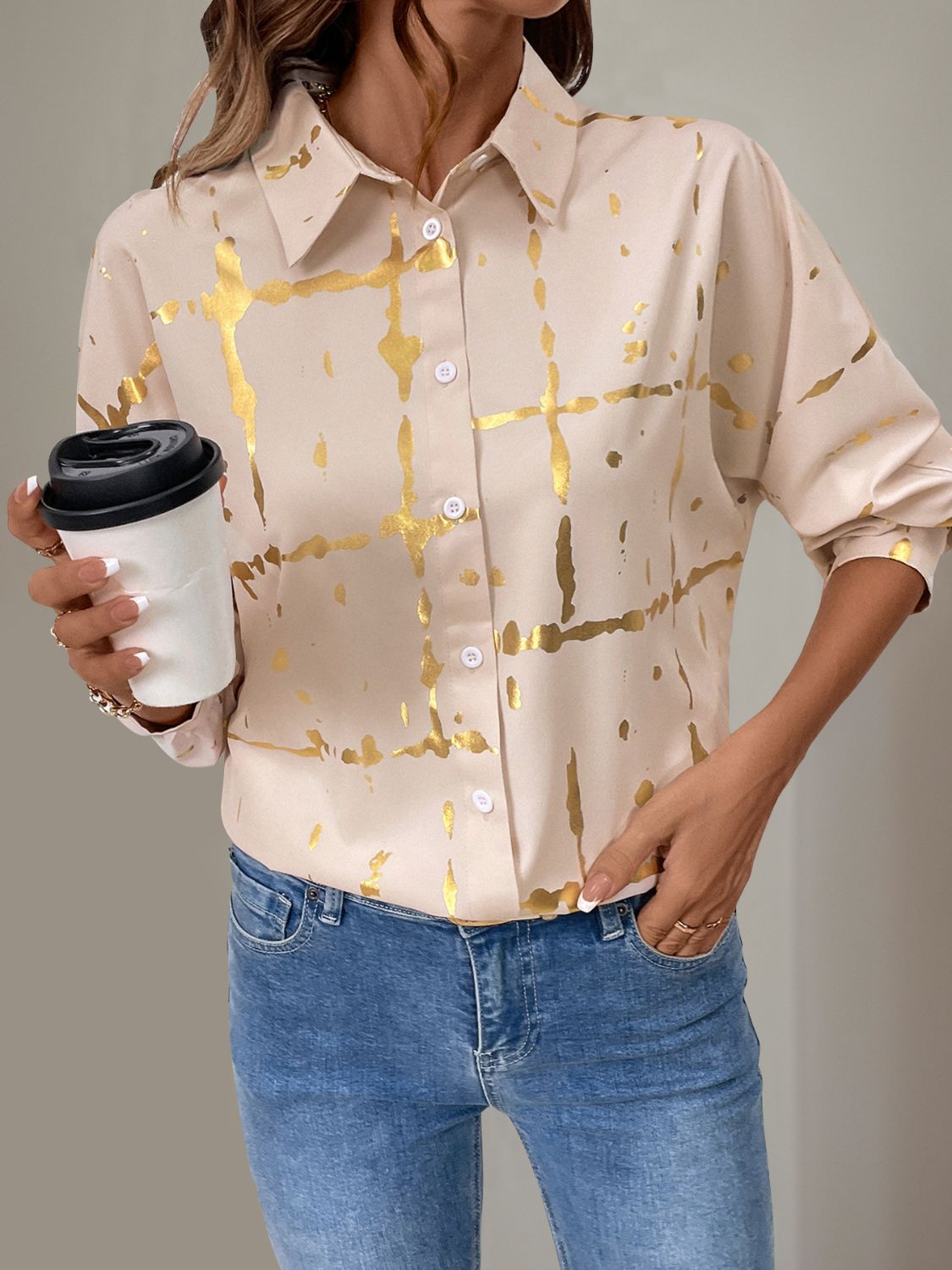 Perfee Printed Collared Neck Long Sleeve Shirt.