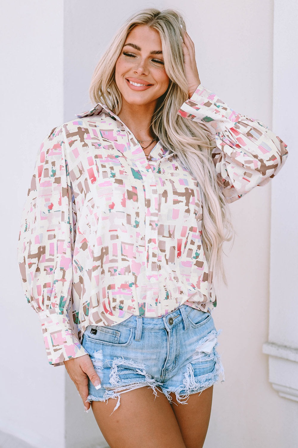 Printed Collared Neck Long Sleeve Shirt.