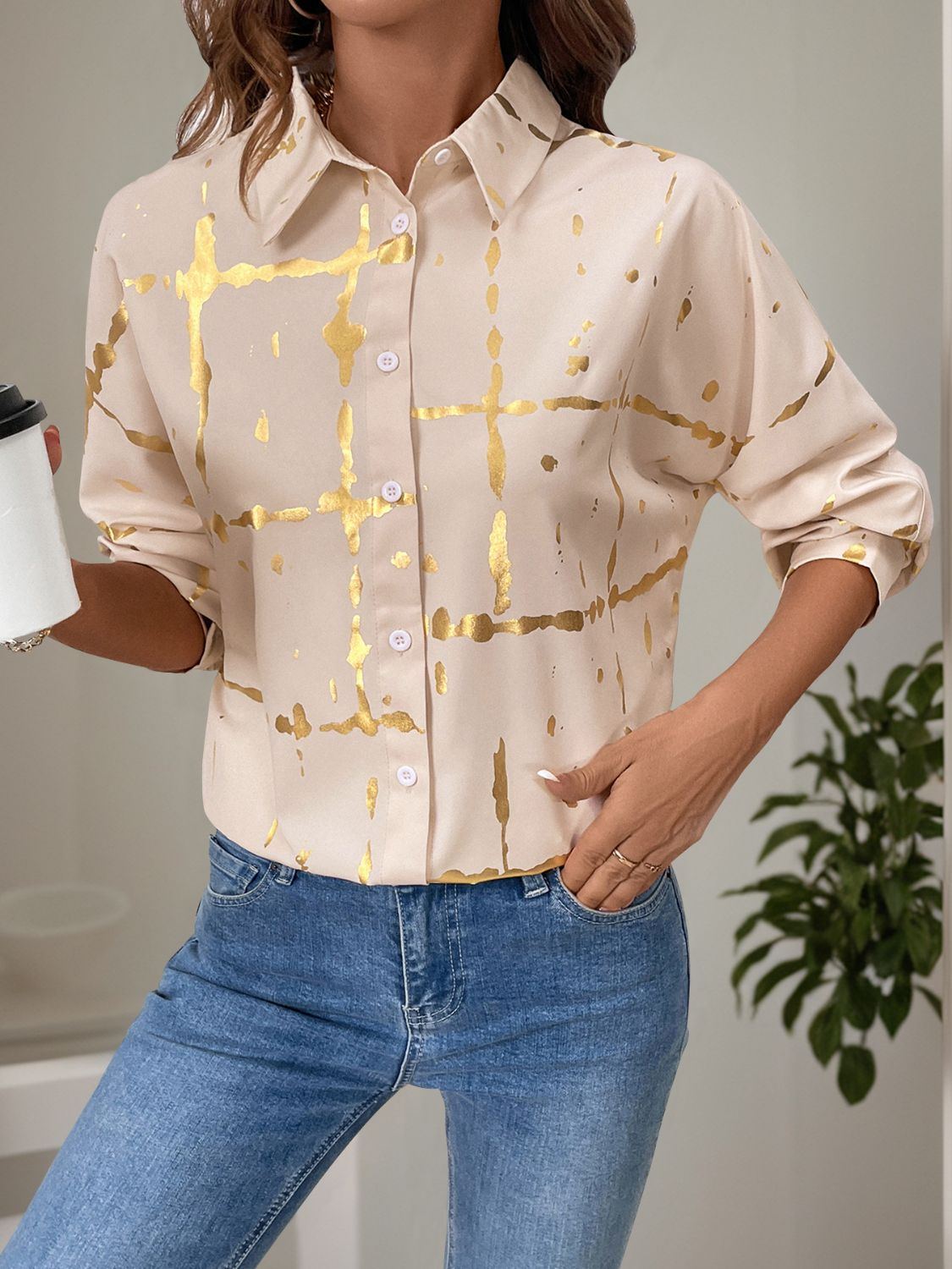 Perfee Printed Collared Neck Long Sleeve Shirt.