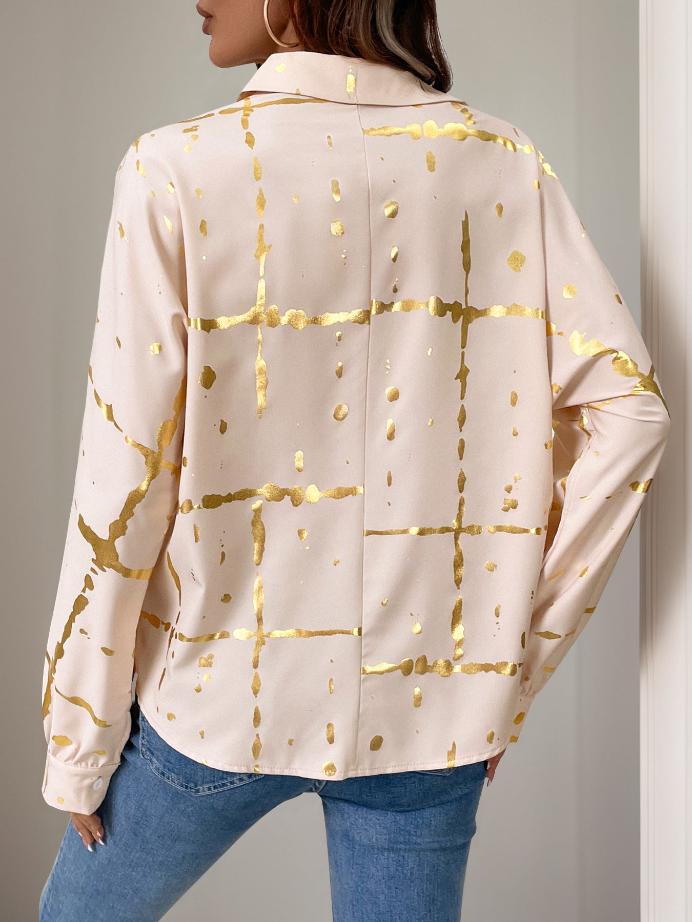 Perfee Printed Collared Neck Long Sleeve Shirt.