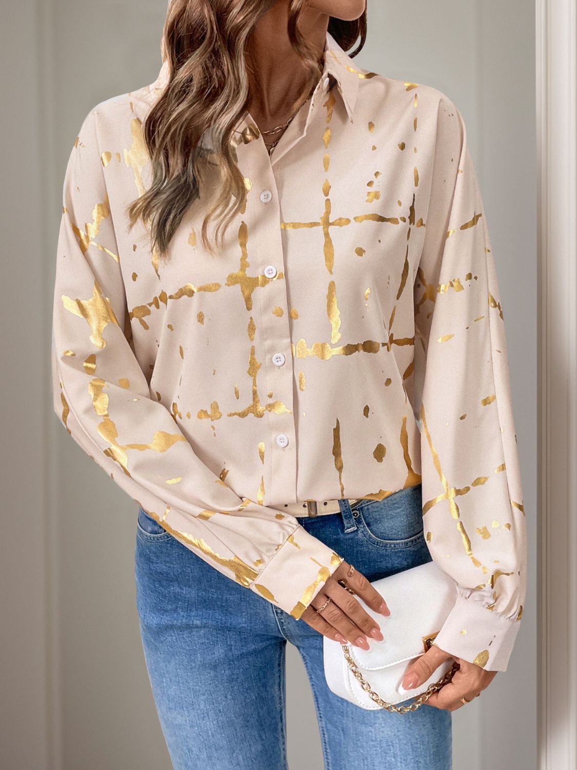 Perfee Printed Collared Neck Long Sleeve Shirt.