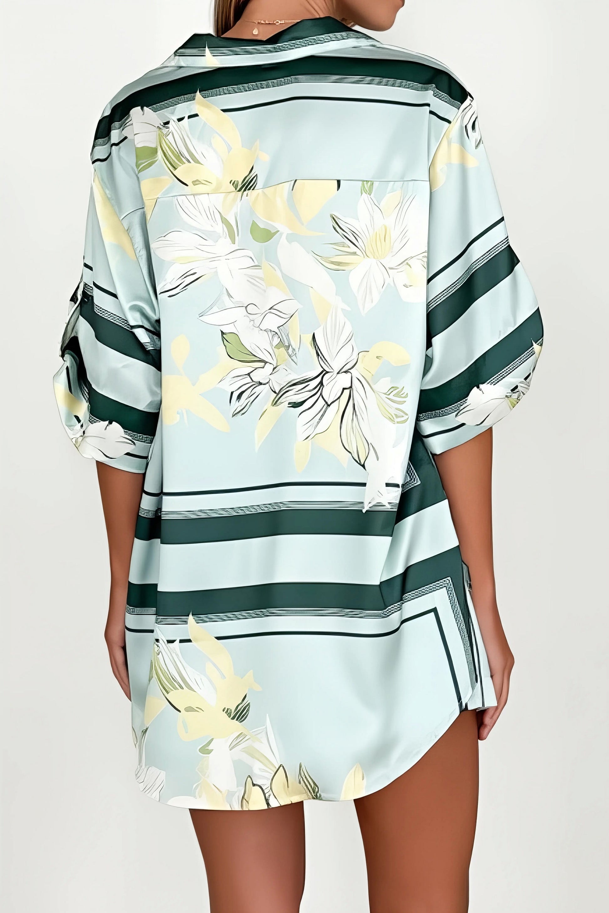 printed collared neck top and shorts set, polished women's two-piece outfit, classic style summer fashion, comfortable printed set, buttoned top, tailored shorts, sophisticated casual wear