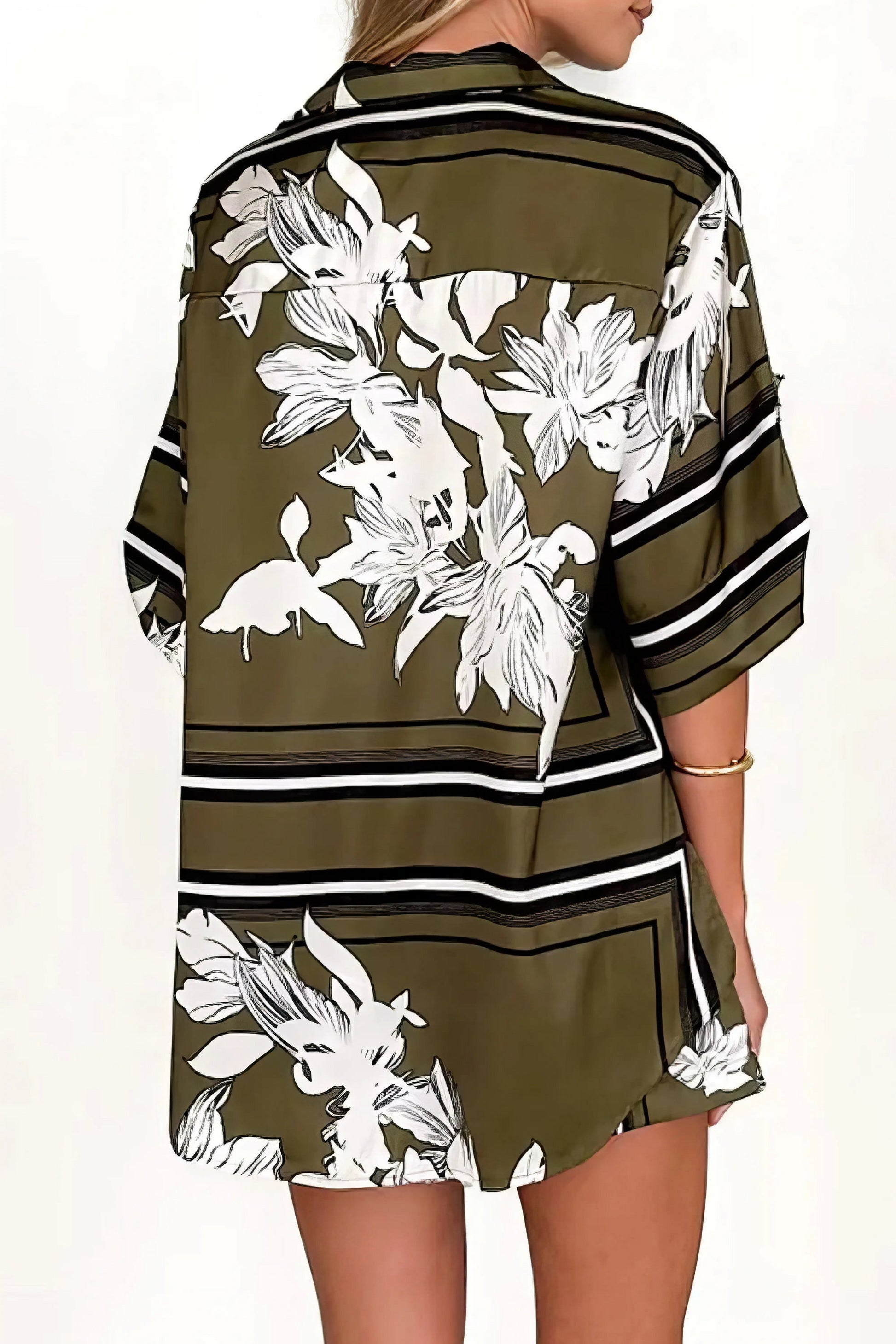printed collared neck top and shorts set, polished women's two-piece outfit, classic style summer fashion, comfortable printed set, buttoned top, tailored shorts, sophisticated casual wear