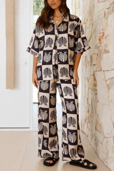 Printed Collared Neck Top and Wide Leg Pants Set.