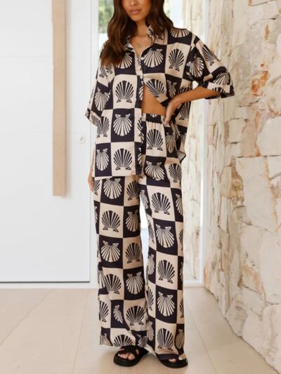Printed Collared Neck Top and Wide Leg Pants Set.