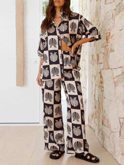 Printed Collared Neck Top and Wide Leg Pants Set.