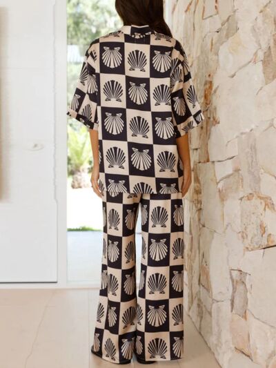 Printed Collared Neck Top and Wide Leg Pants Set.