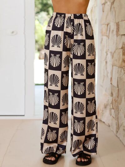 Printed Collared Neck Top and Wide Leg Pants Set.