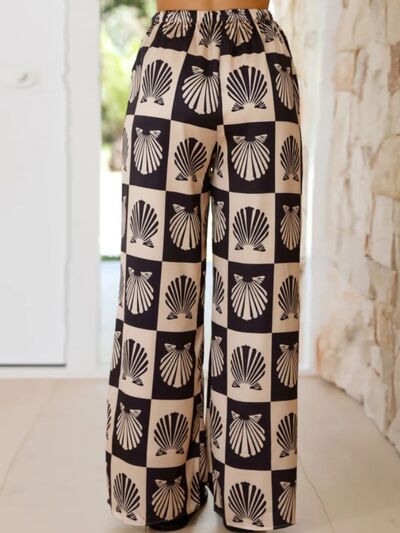 Printed Collared Neck Top and Wide Leg Pants Set.