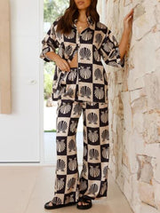 Printed Collared Neck Top and Wide Leg Pants Set.