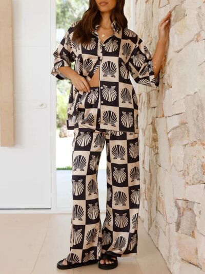 Printed Collared Neck Top and Wide Leg Pants Set.