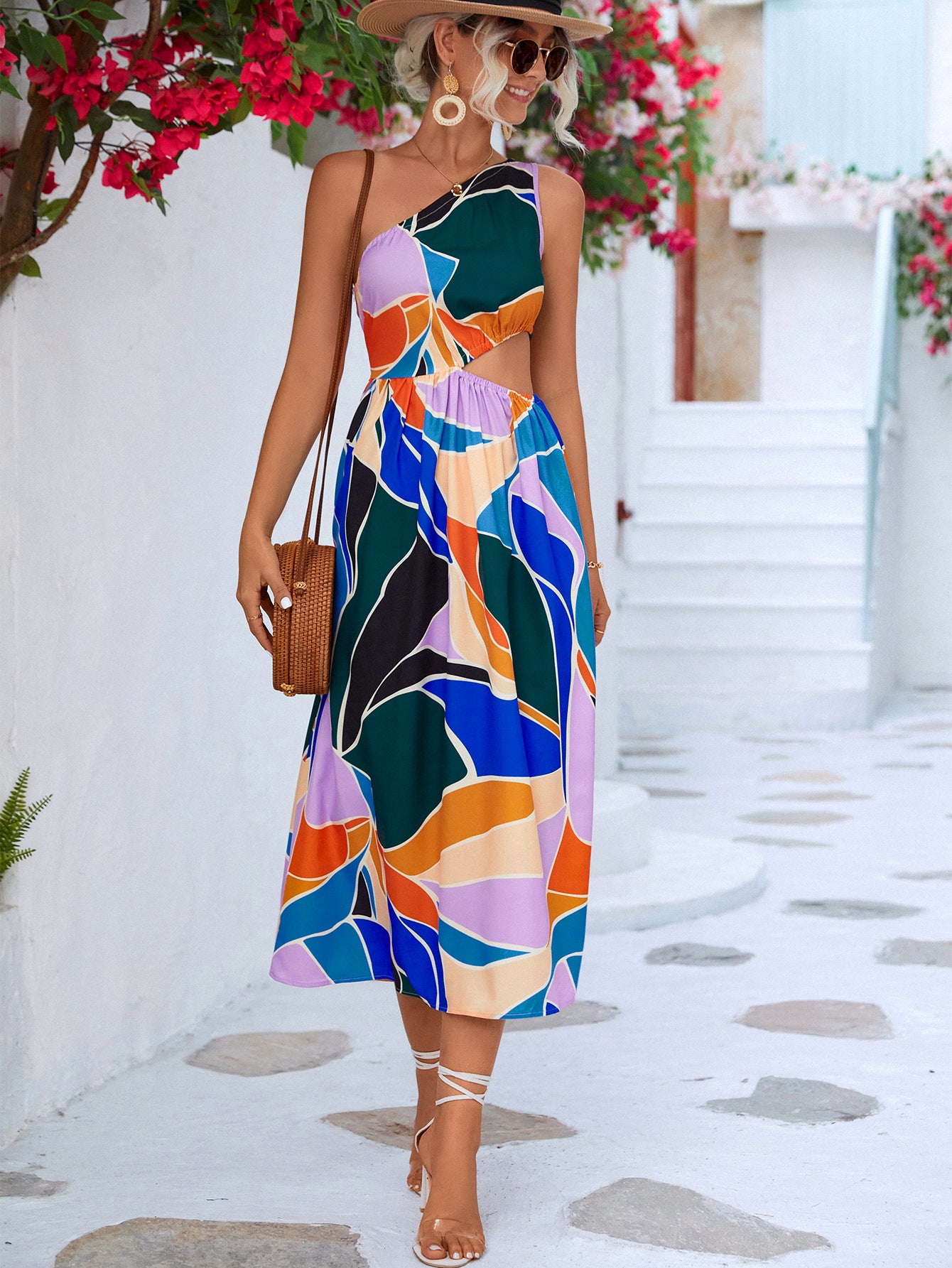 Printed Cutout One-Shoulder Sleeveless Dress.