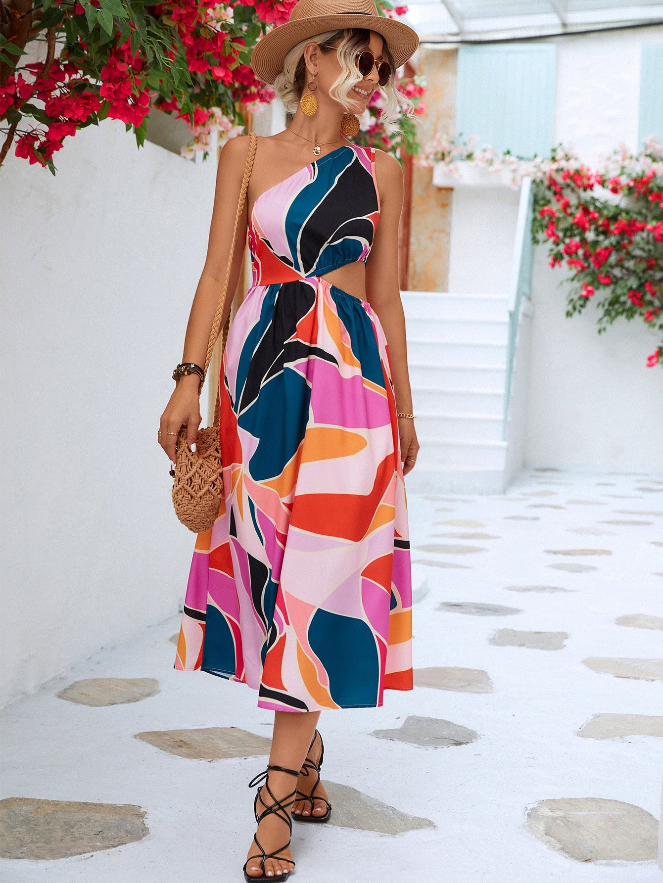 Printed Cutout One-Shoulder Sleeveless Dress.