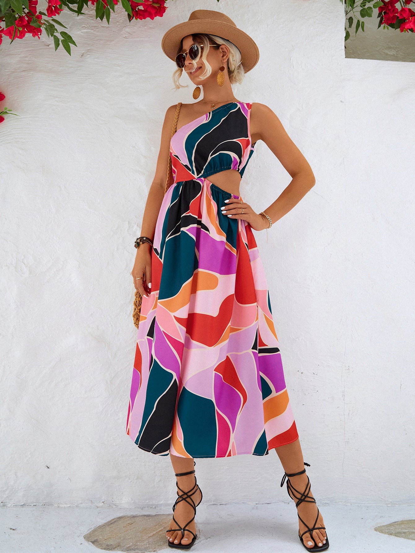 Printed Cutout One-Shoulder Sleeveless Dress.