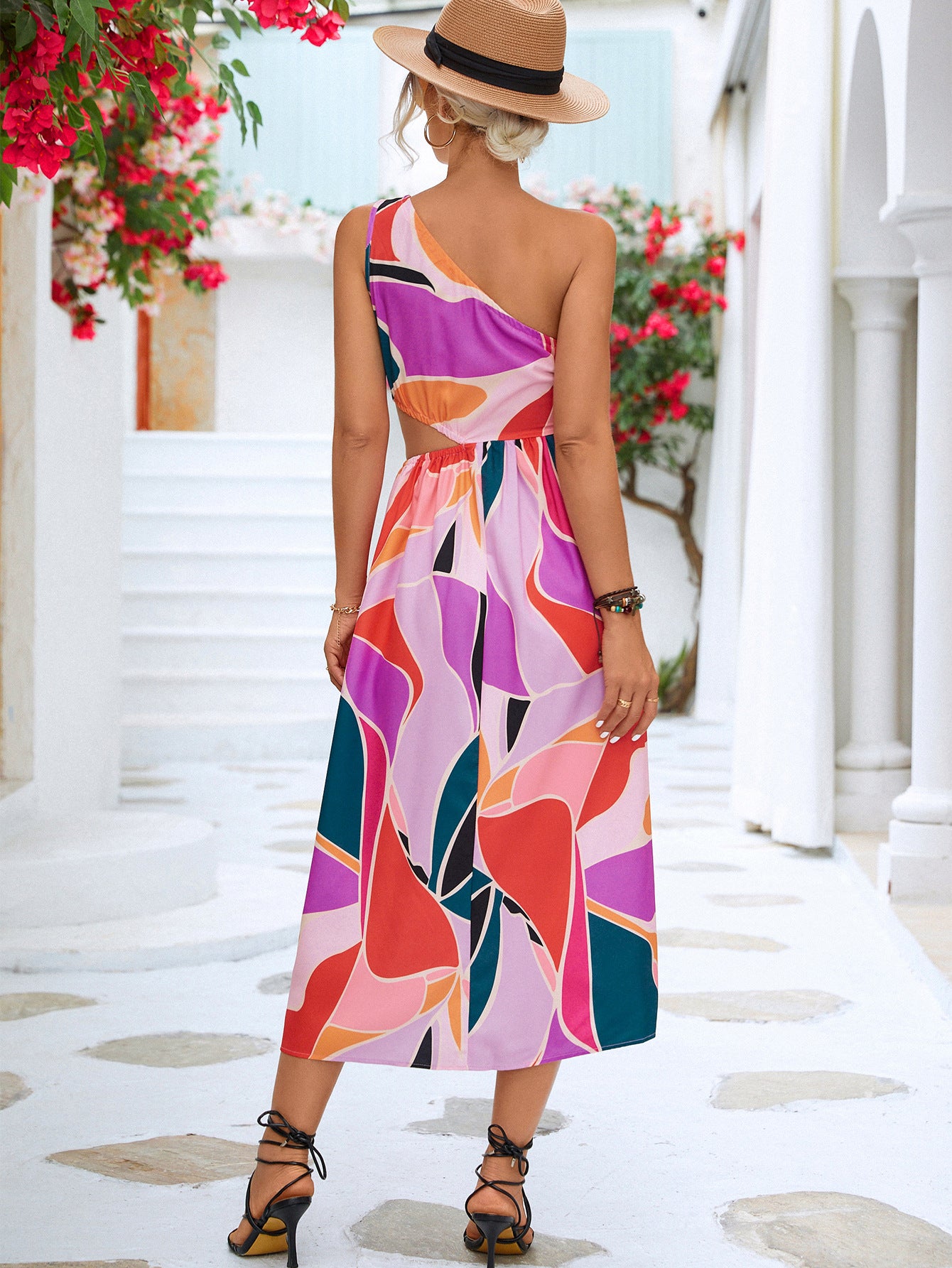 Printed Cutout One-Shoulder Sleeveless Dress.