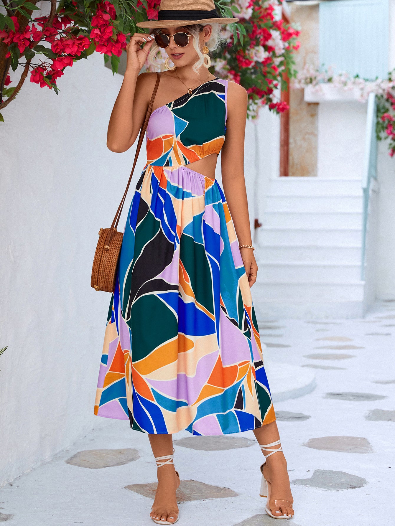 Printed Cutout One-Shoulder Sleeveless Dress.