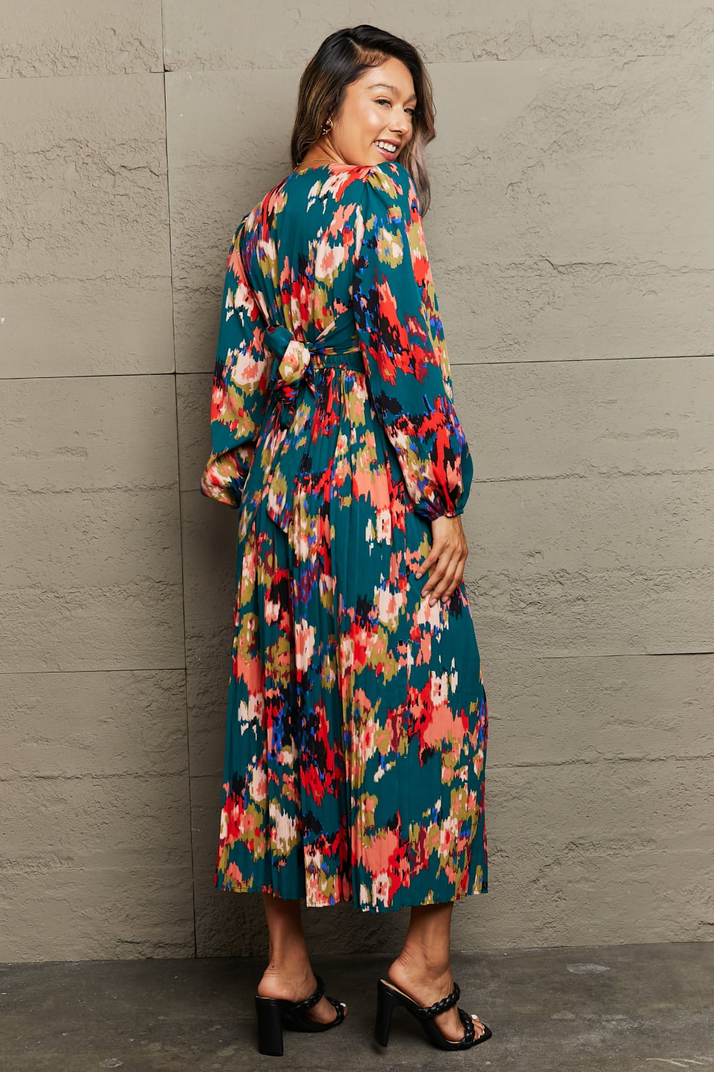 Perfee Printed Deep V Slit Pleated Dress.