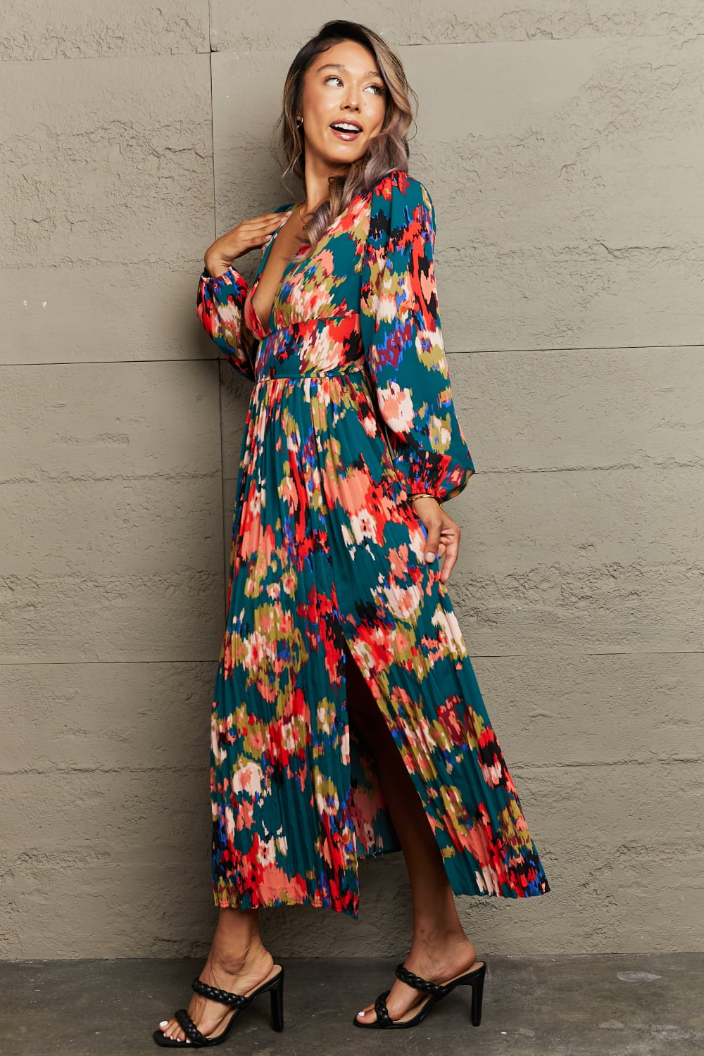 Perfee Printed Deep V Slit Pleated Dress.